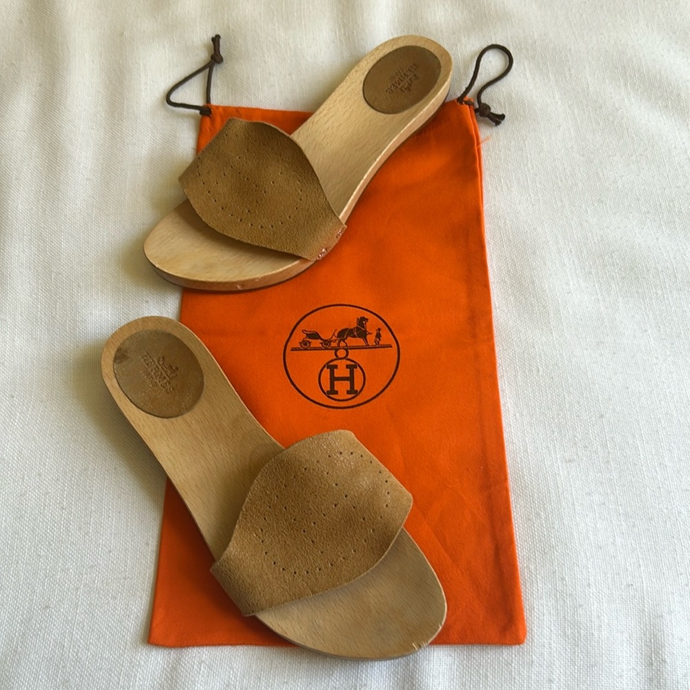 Hermes Tan Leather Slide Sandals with Wood Sole - Picture 2 of 16
